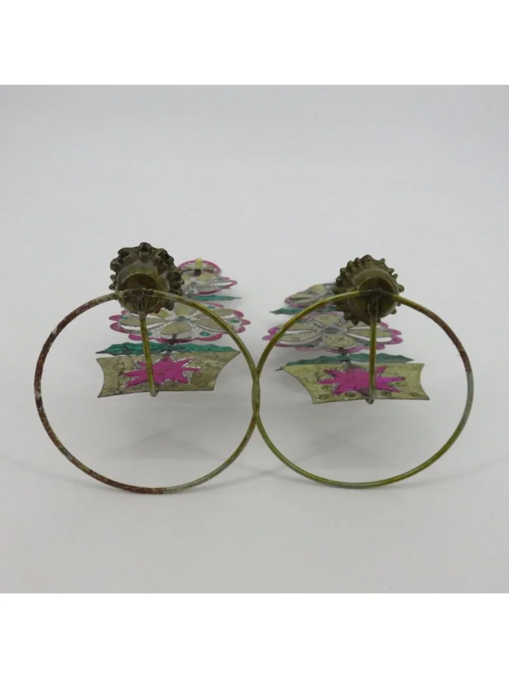VTG Punch Tin Folk Art Pair 2 Candle Holders Pink Yellow Green Retro Christmas